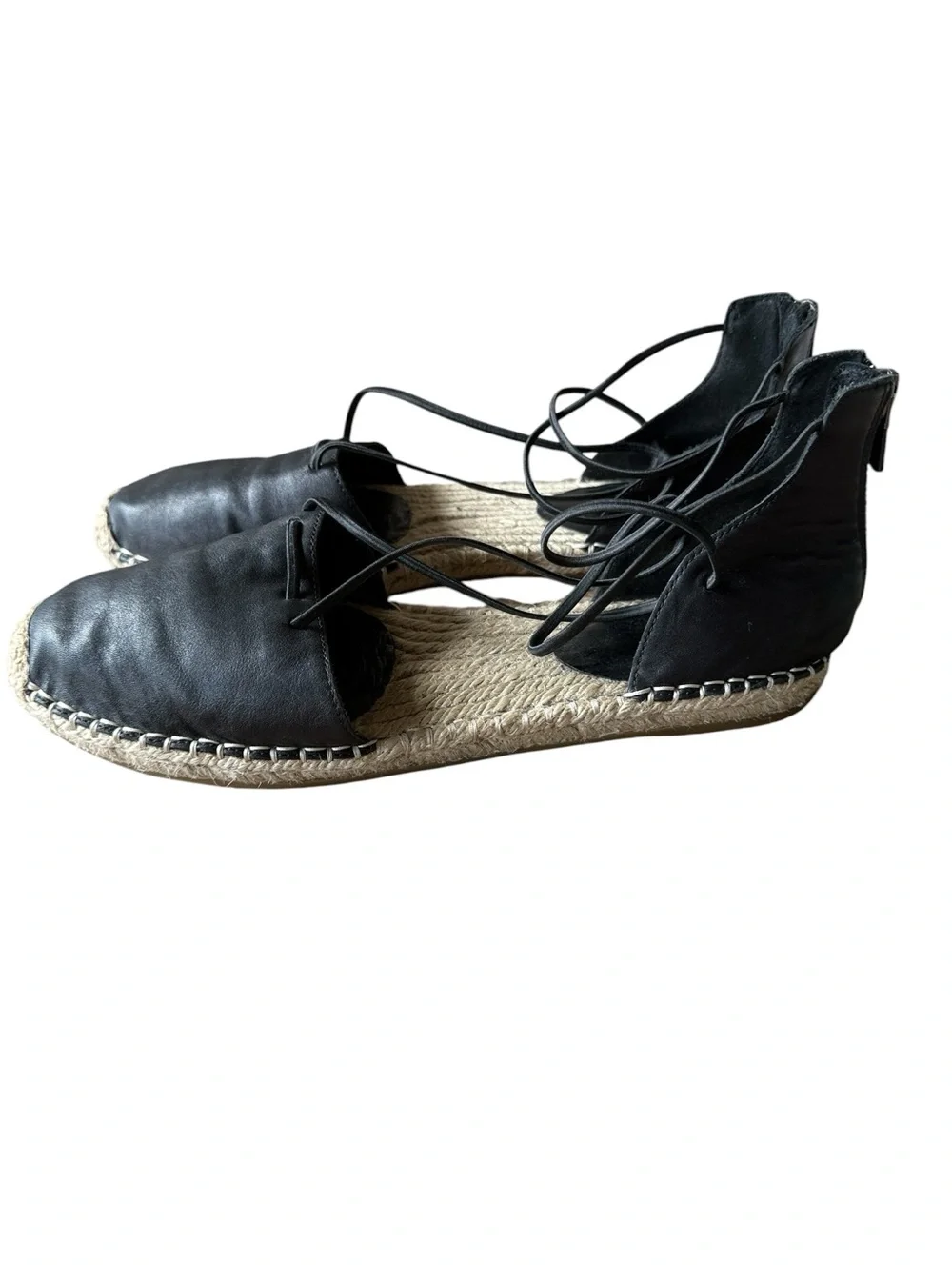 Eileen Fisher Women’s Black Leather Espadrille Criss Cross Zip Back Sandals Sz 9